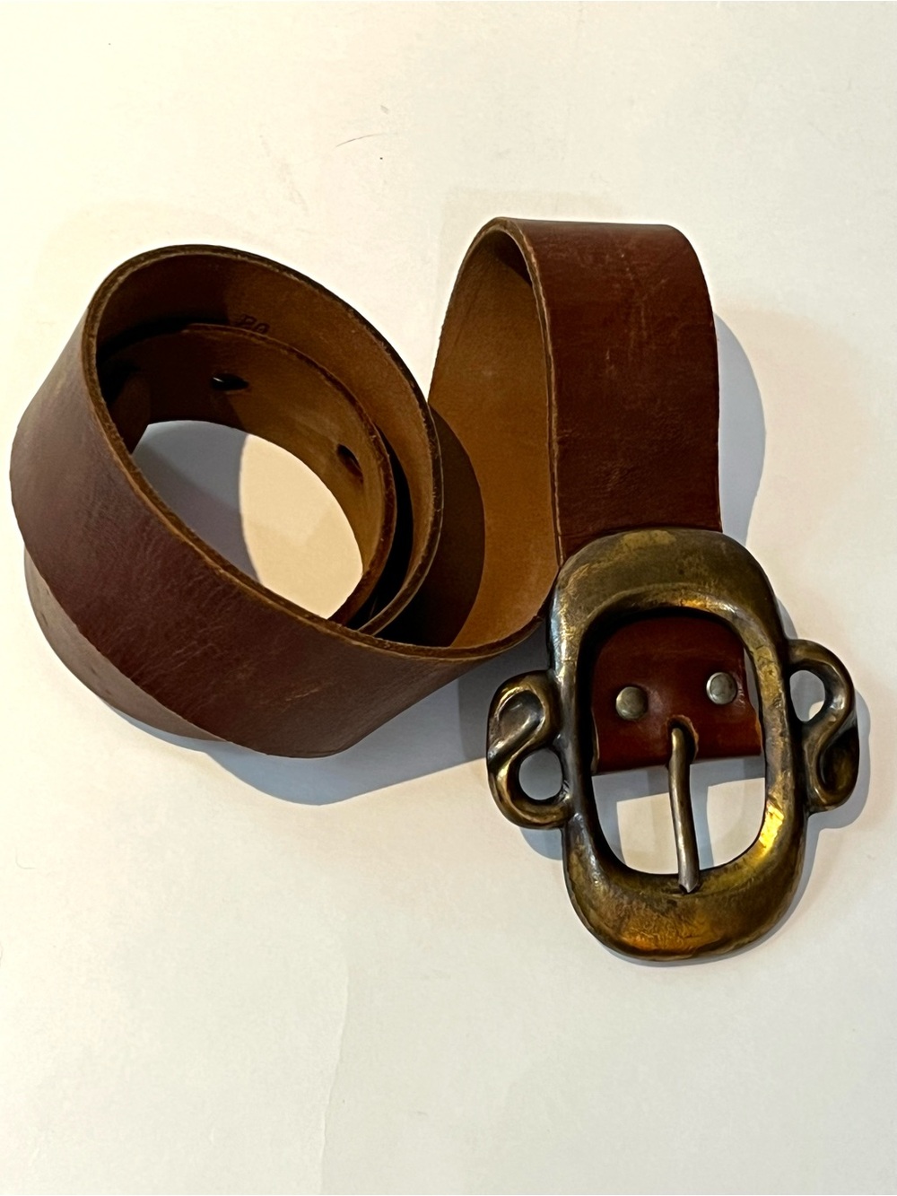 Vintage Joel Ronez Unisex Brown Leather Belt with Brass Buckle/Paris France